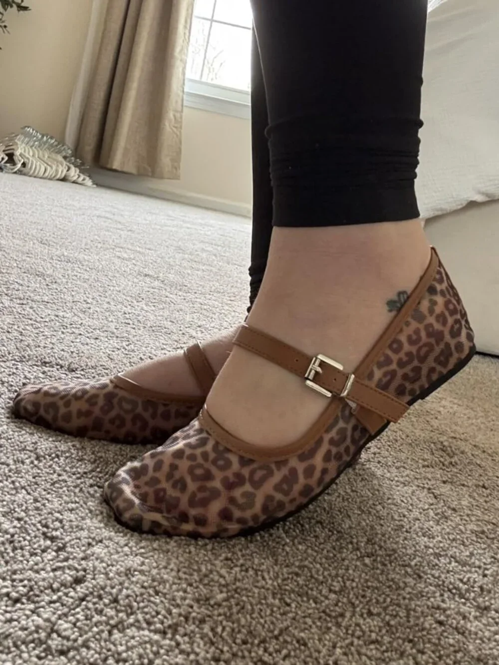 Women's Brown Leopard Mesh Square Closed Toe Mary Jane Ballet Flats Shoes